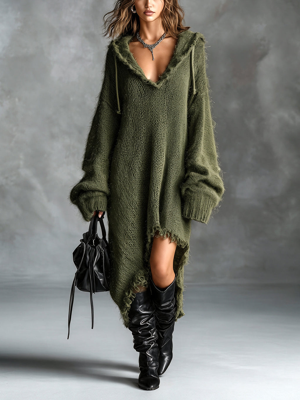 Hooded Fleece-Knit Midi Dress