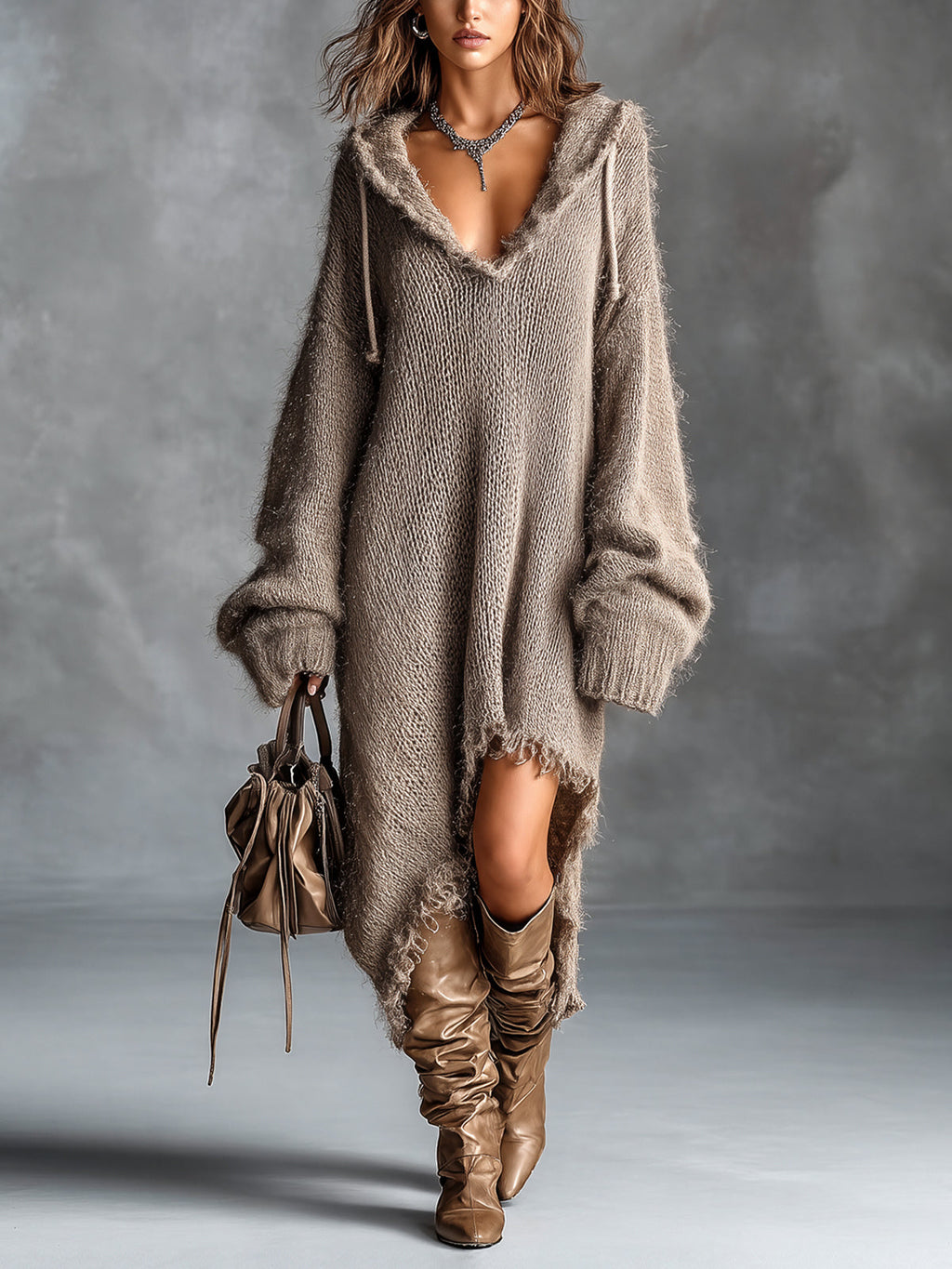 Hooded Fleece-Knit Midi Dress