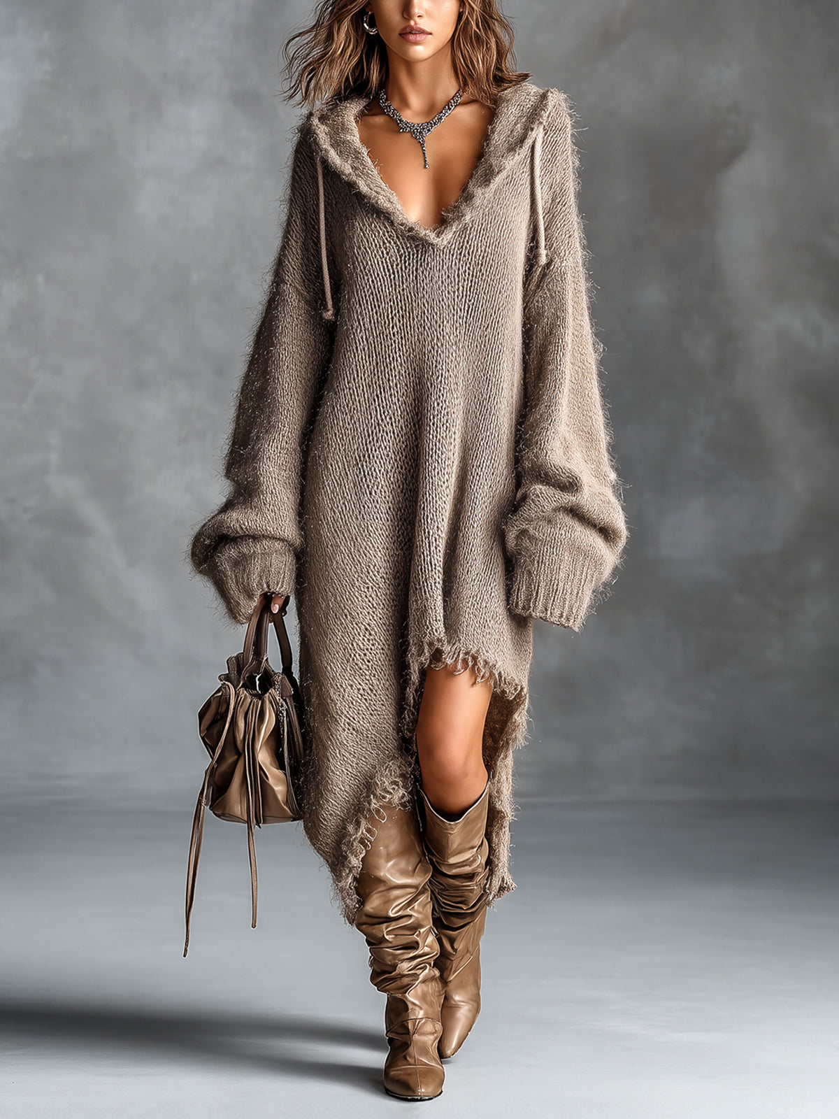 Hooded Fleece-Knit Midi Dress