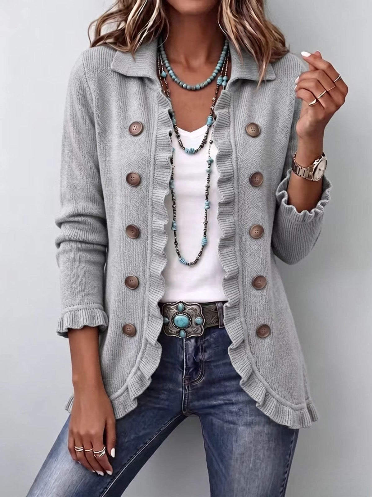 Eloísa | Grey Marl Knit Cardigan with Ruffles