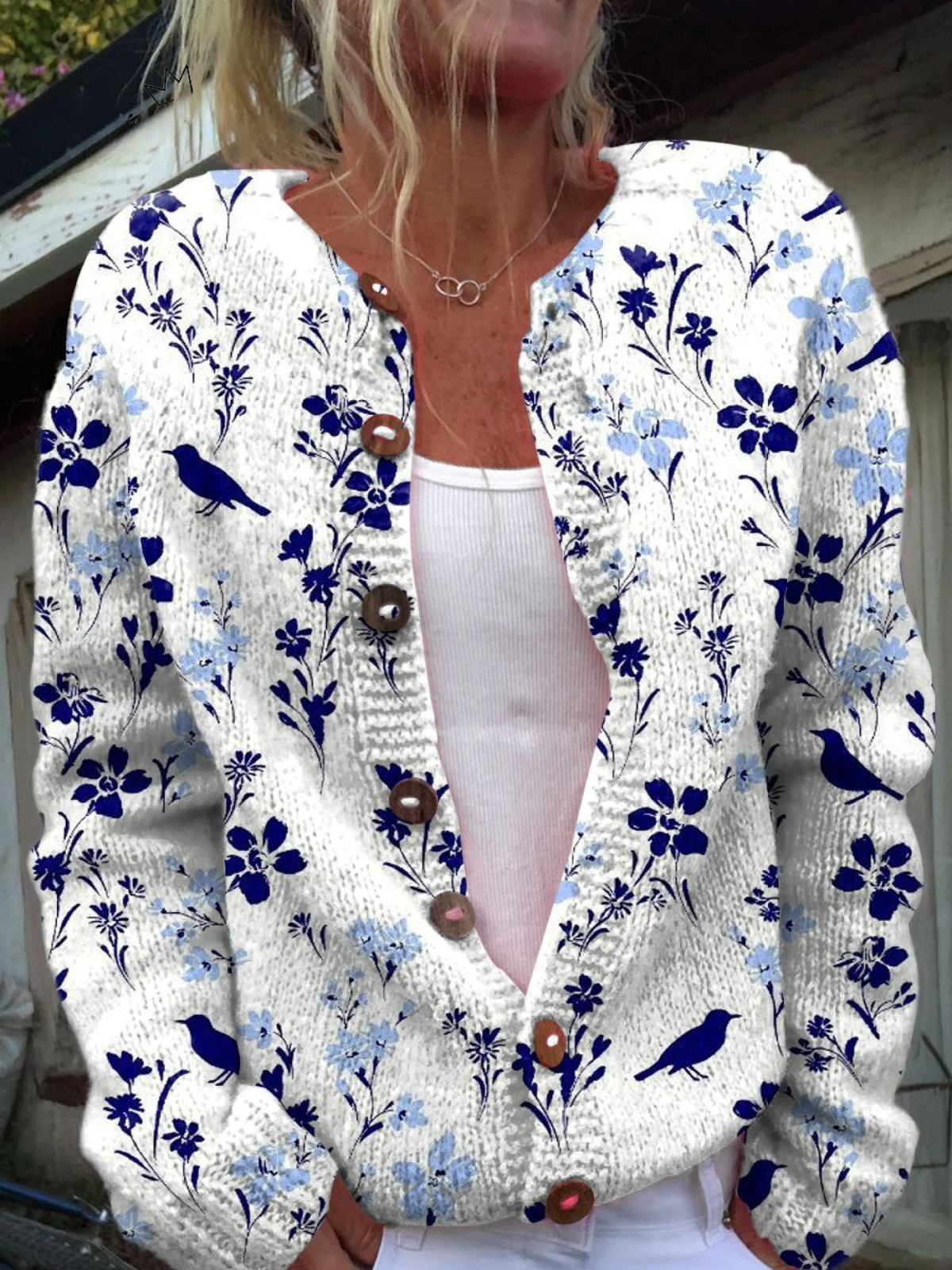 Vynora™ | Vintage Bird Floral Print Button-Up Cardigan Sweater