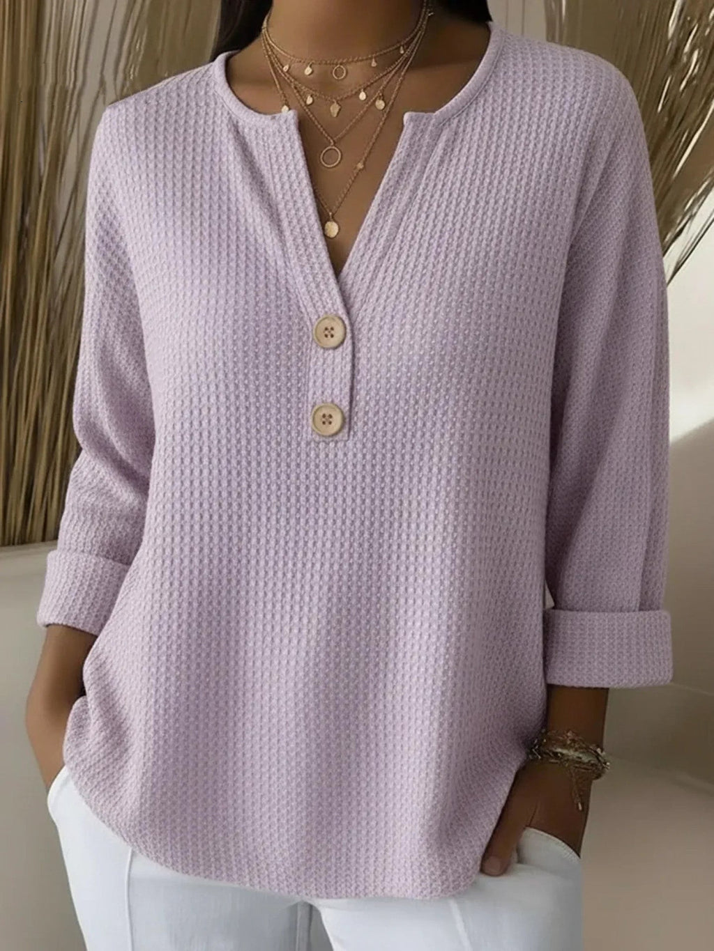 Lucía | Waffle Henley Tee with Buttons