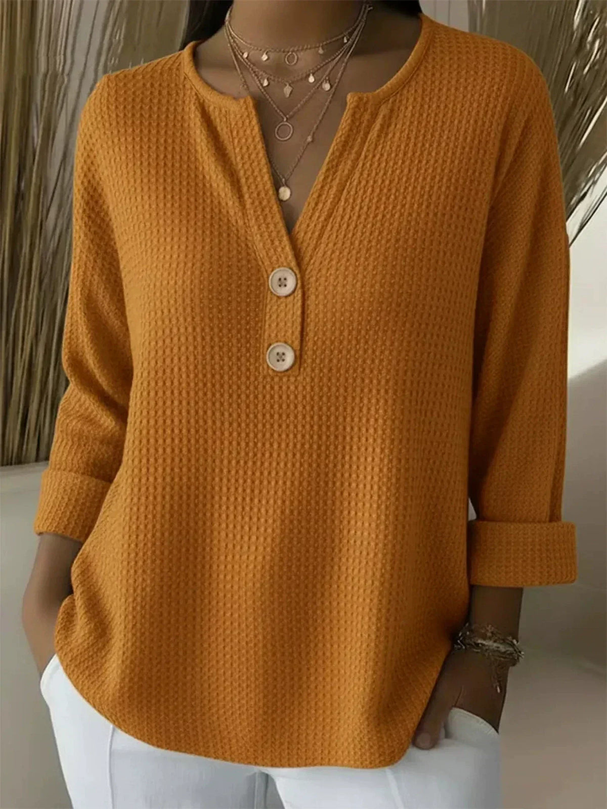Lucía | Waffle-Knit Button-Down Henley Shirt