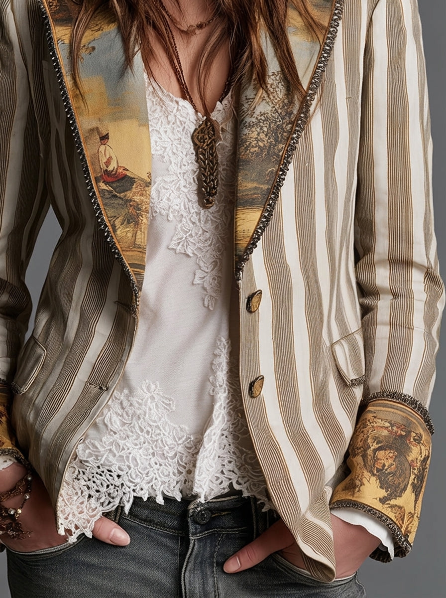 Sara - Striped Bohemian Blazer with Patterned Collar