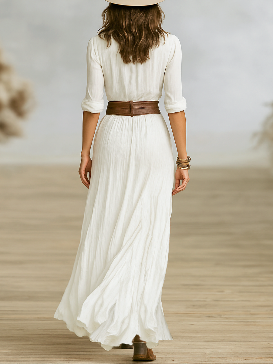 Aurora | Long Linen Dress with Inverted Collar
