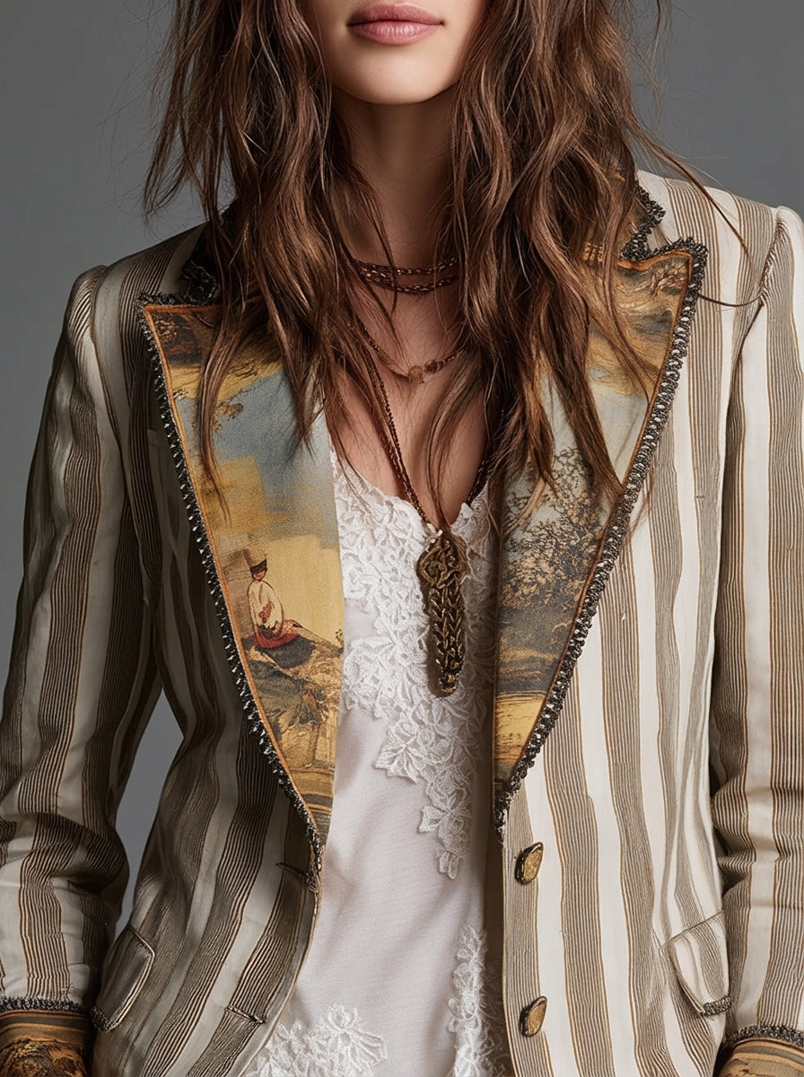 Sara - Striped Bohemian Blazer with Patterned Collar