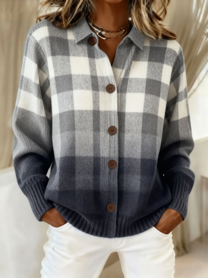 Agnes | Grey Ombre Plaid Button-Down Cardigan