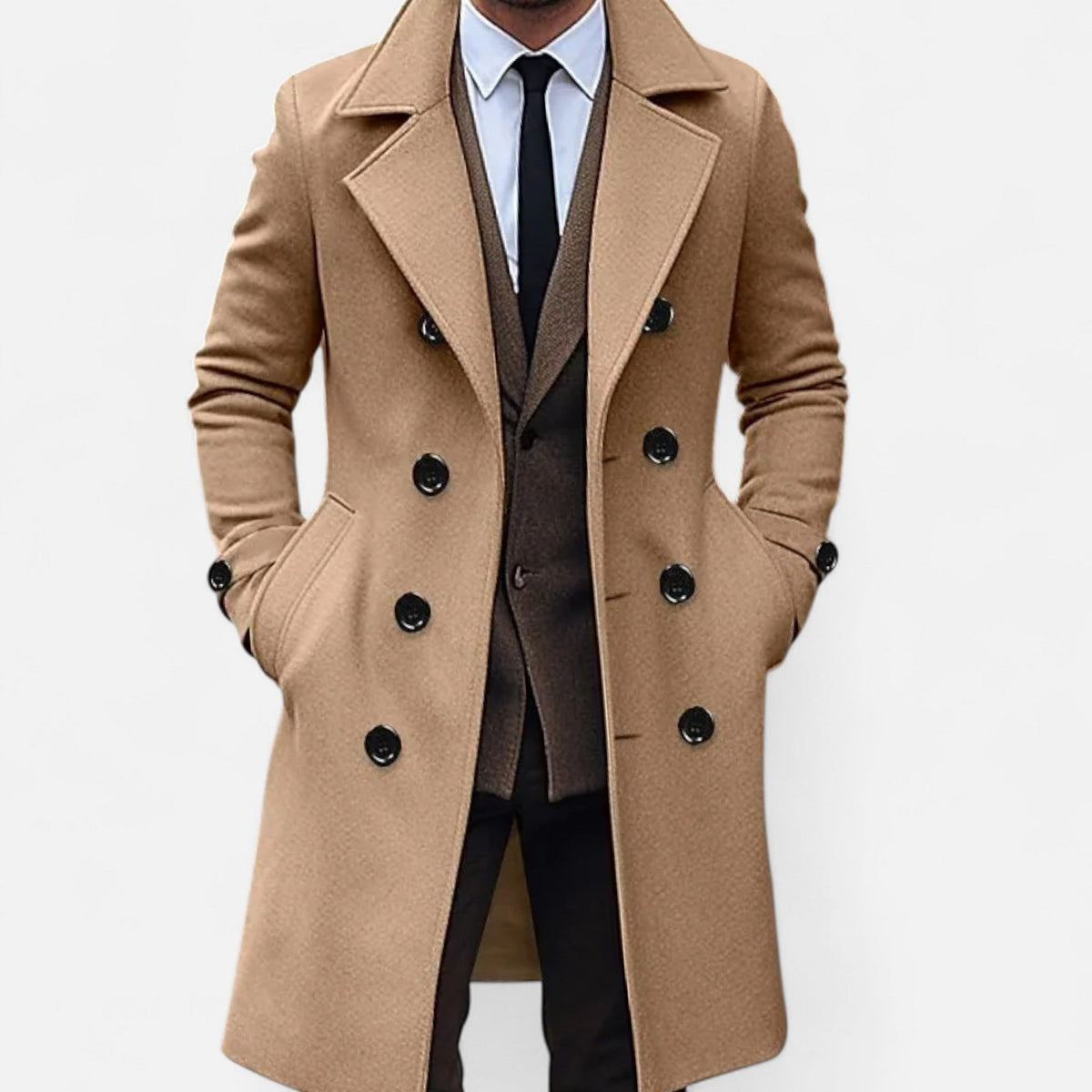 Hombre con abrigo caqui de doble botonadura para invierno