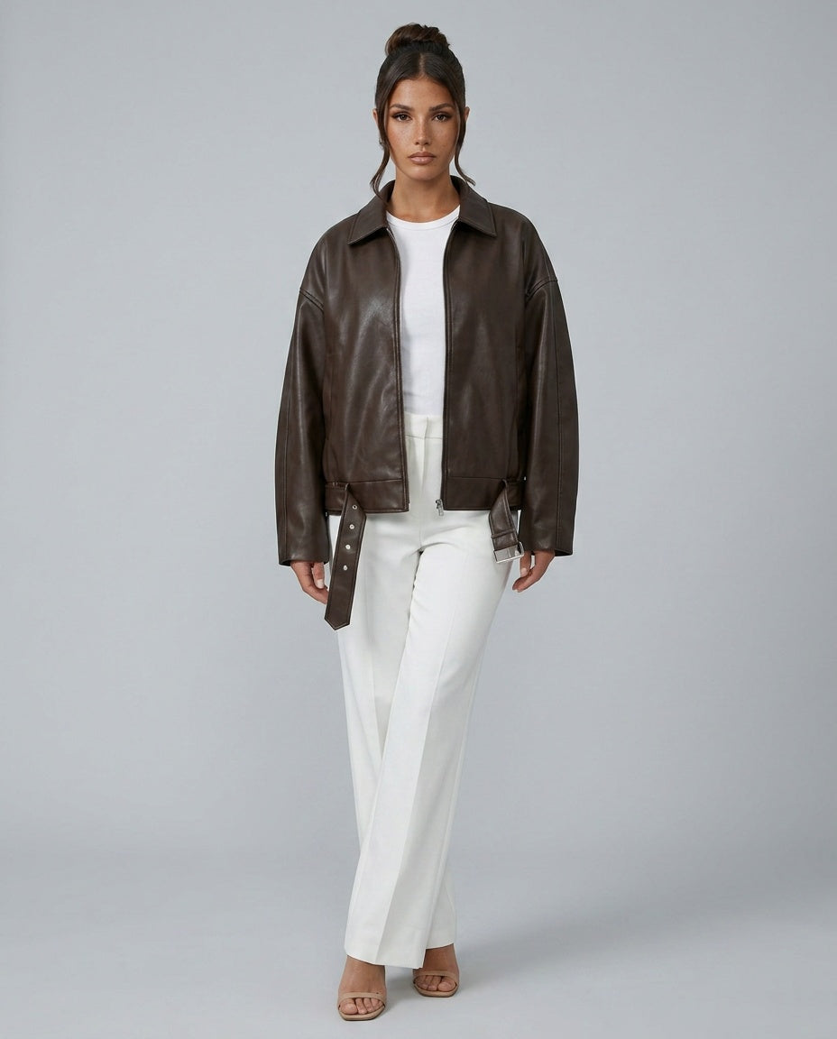 Bomber marrón de cuero vegano con paneles patchwork