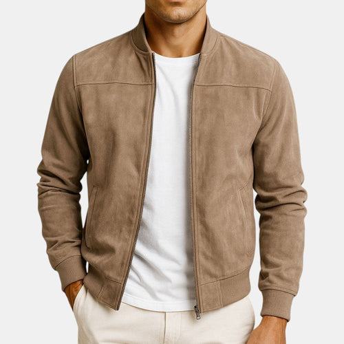 Chaqueta bomber marrón slim fit de efecto ante para hombre