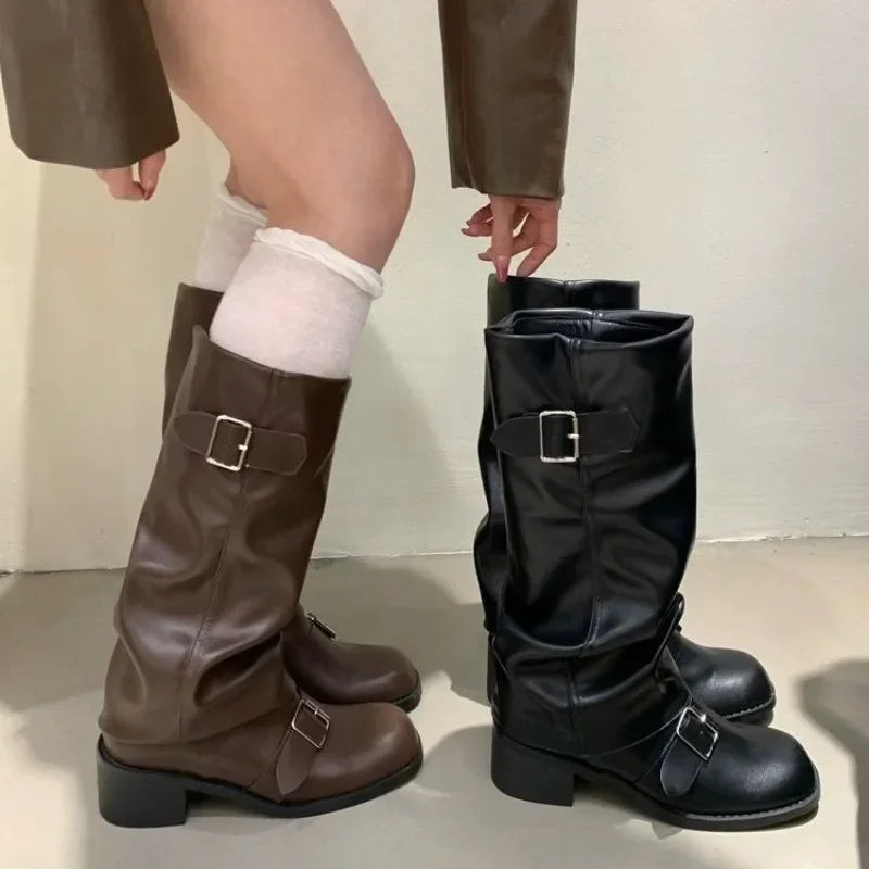 Botas Moteras Mujer con Hebillas y Tacón Ancho