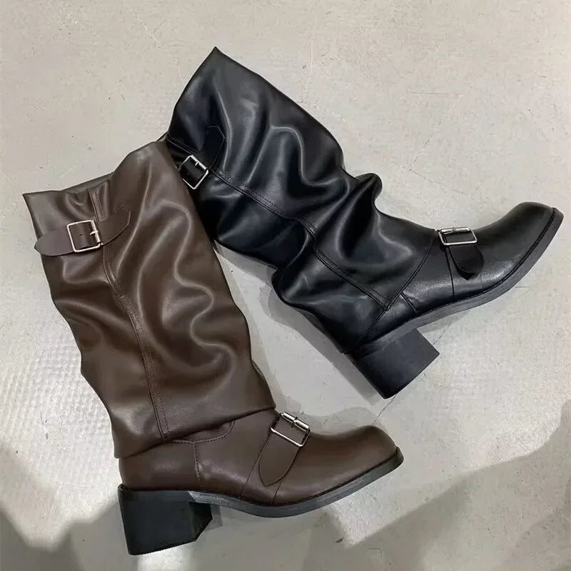 Botas Moteras Mujer con Hebillas y Tacón Ancho