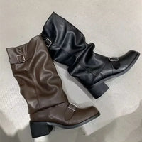 Botas Moteras Mujer con Hebillas y Tacón Ancho
