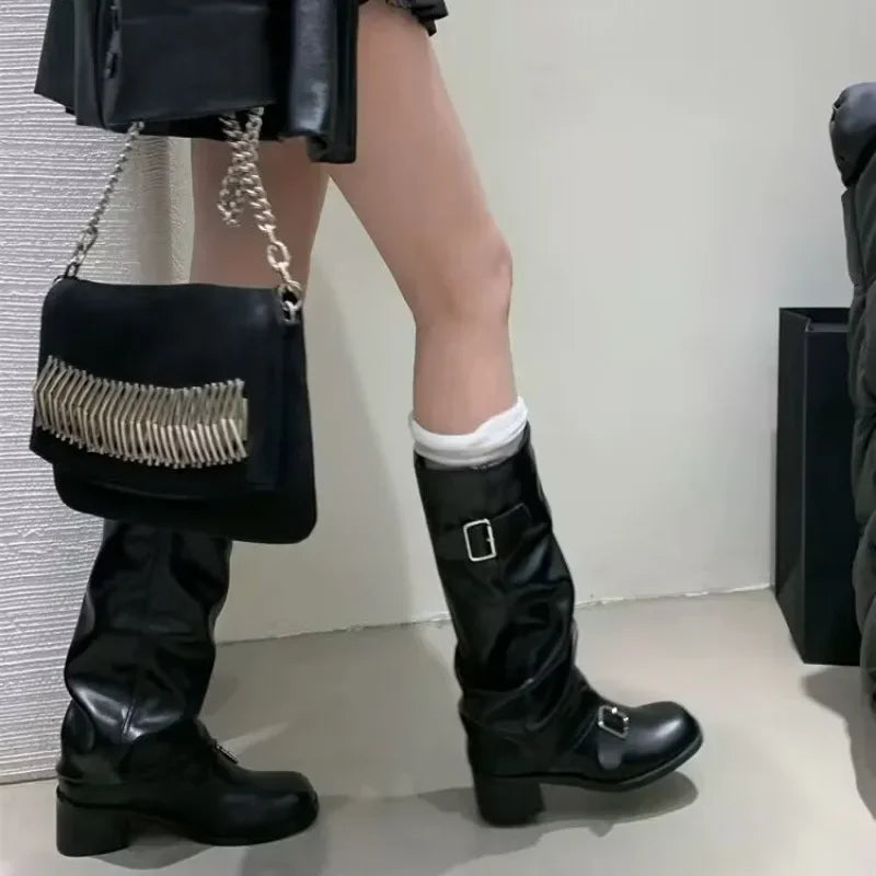 Botas Moteras Mujer con Hebillas y Tacón Ancho