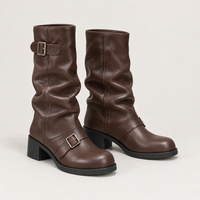 Botas Moteras Mujer con Hebillas y Tacón Ancho