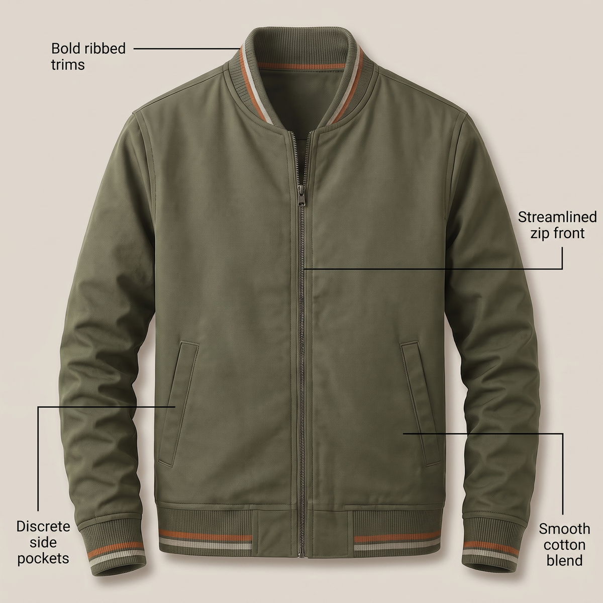 Cazadora Bomber Hombre Clásica con Cuello Acanalado