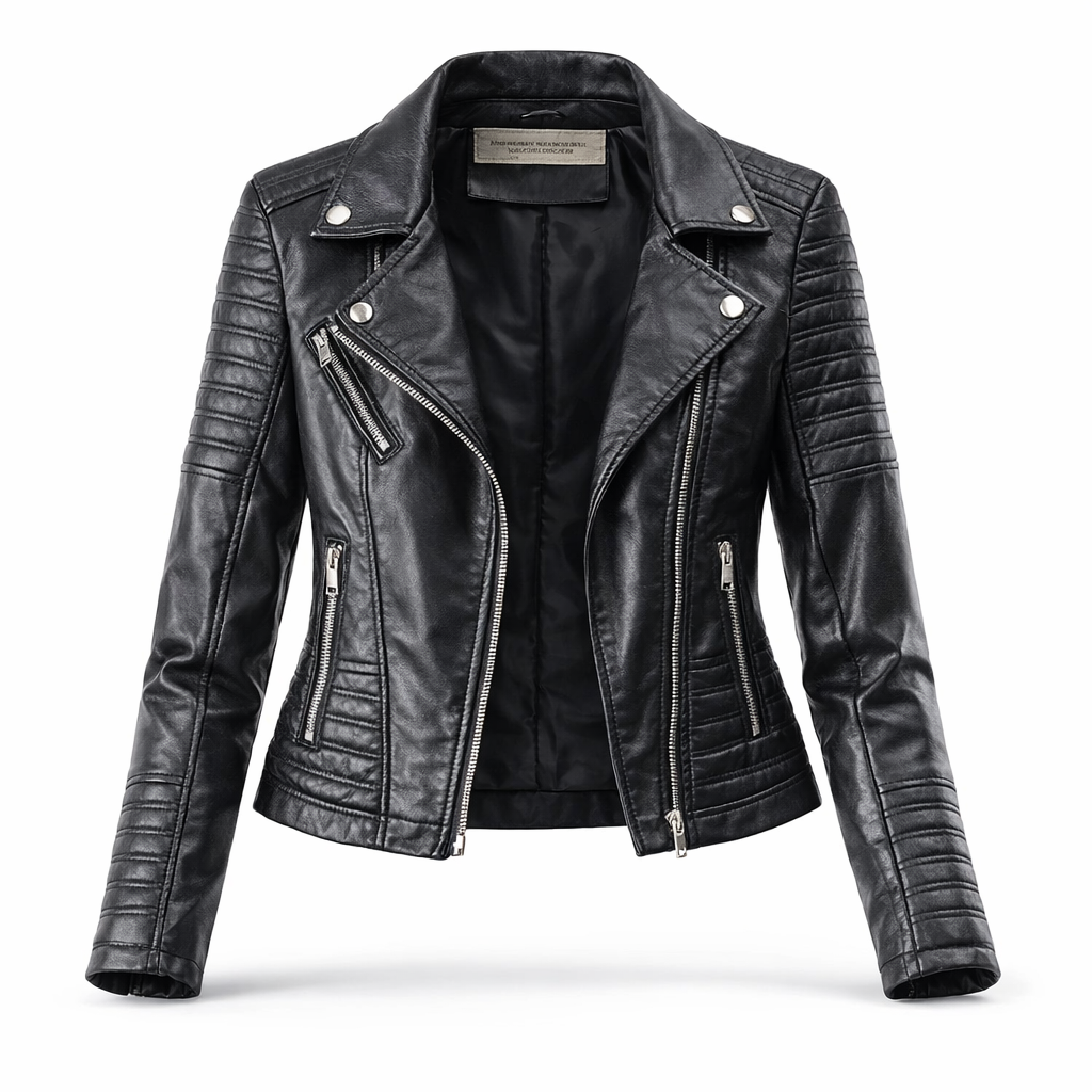 Chaqueta motera negra acolchada de piel para mujer