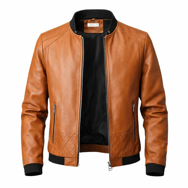 Cazadora bomber de piel marrón ajustada para hombre