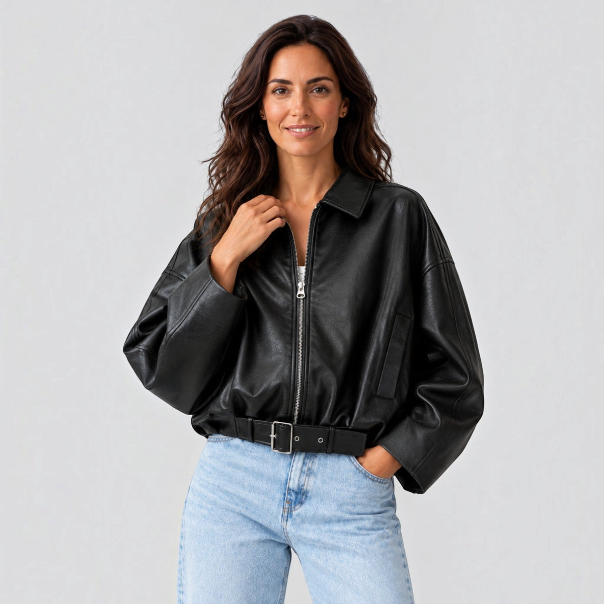 Chaqueta Polipiel Mujer Oversize con Cinturón