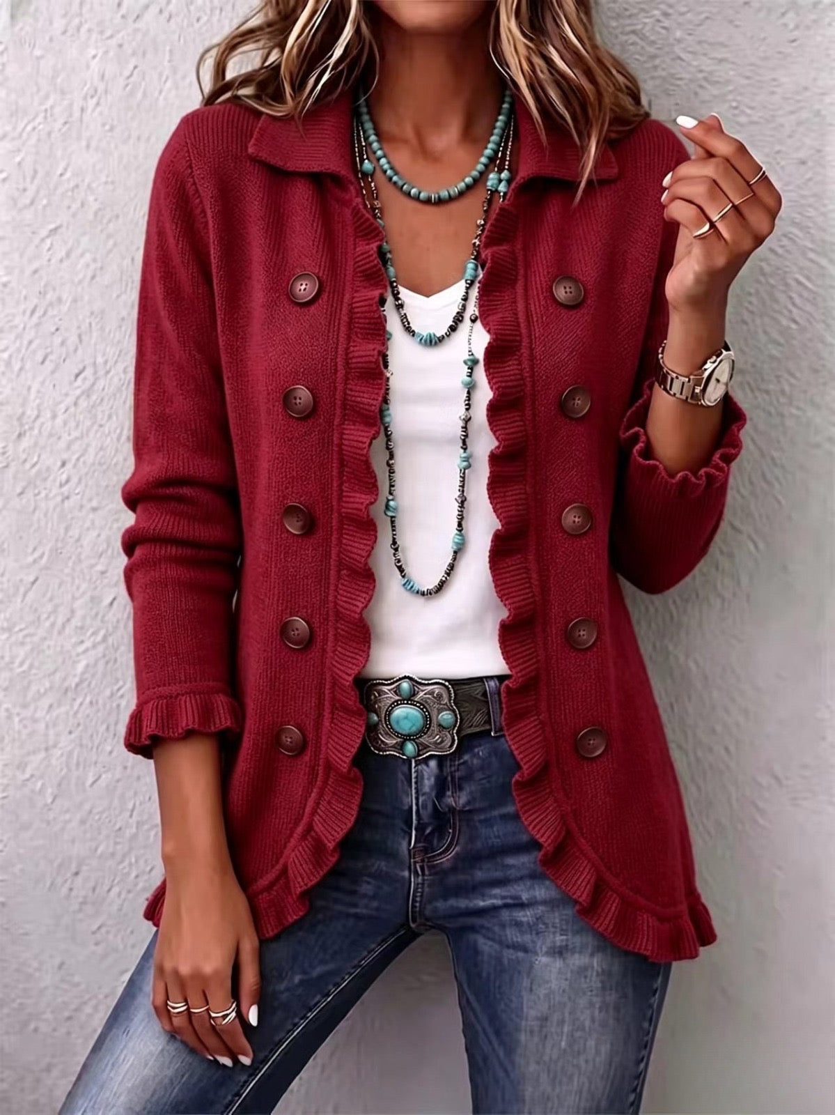 Rosalía | Ruby Red Knit Cardigan with Ruffles
