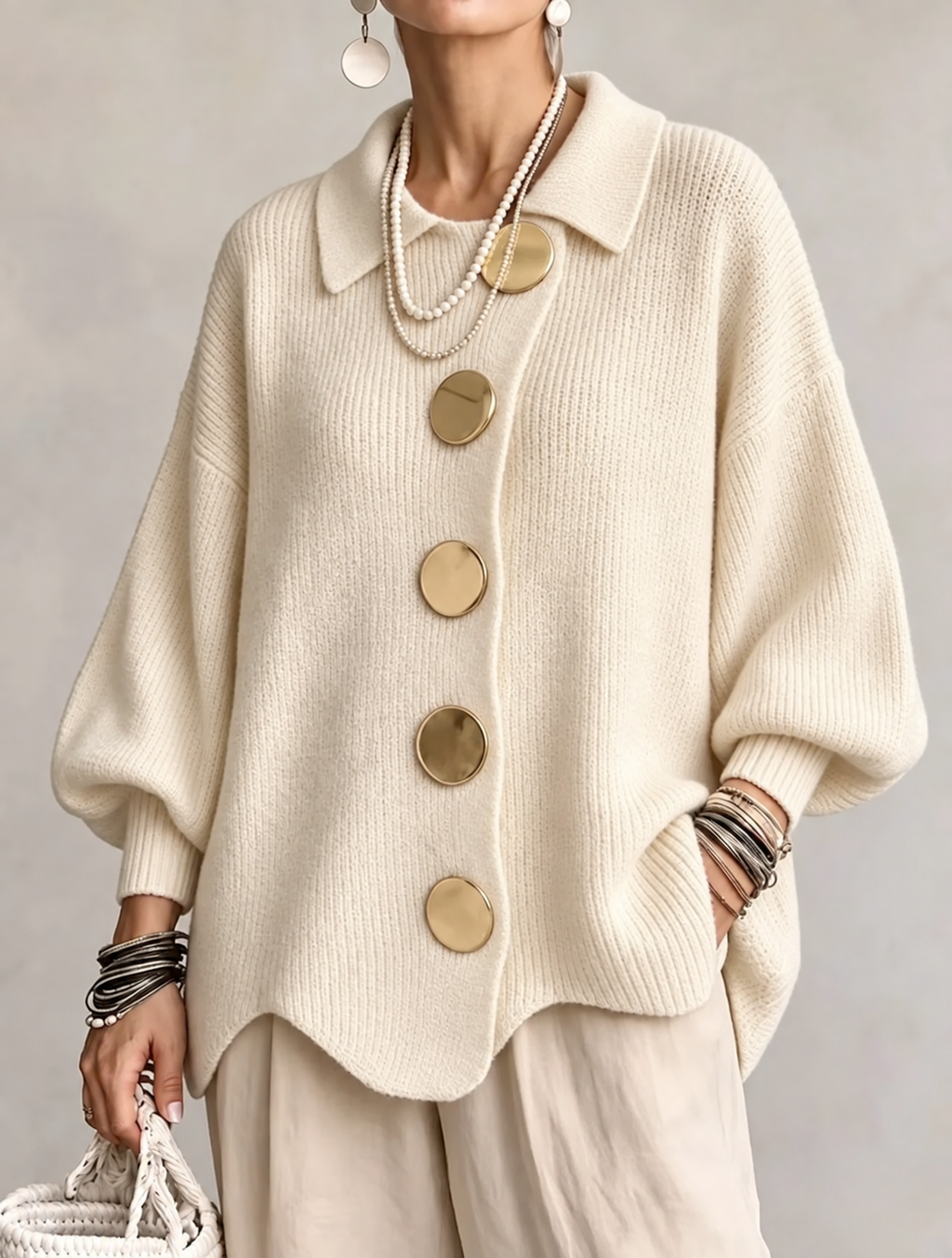 Isadora™ | Oversized Cardigan with Collar and Large Metal Buttons