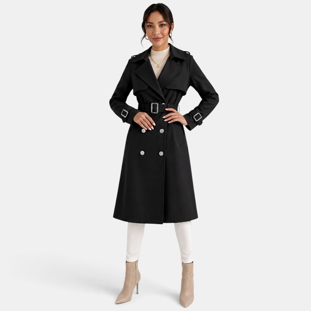Gabardina Larga Mujer Elegante de Doble Botonadura