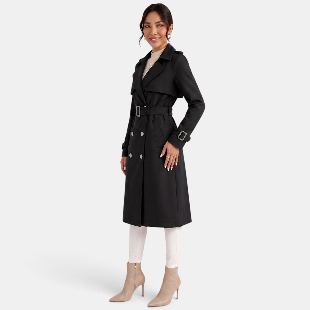 Gabardina Larga Mujer Elegante de Doble Botonadura