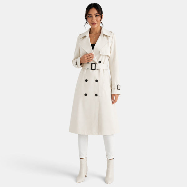 Gabardina larga blanca de doble botonadura para mujer