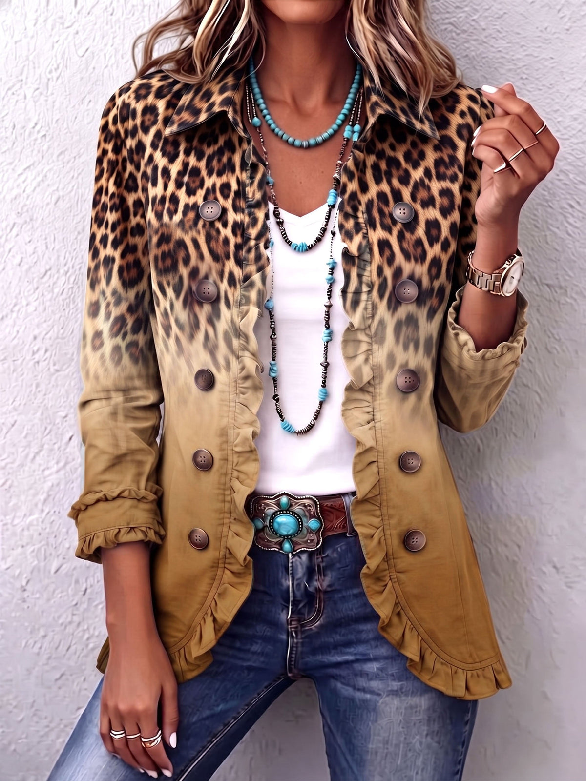 Reyes | Ochre Leopard Print Blazer Jacket with Ruffles