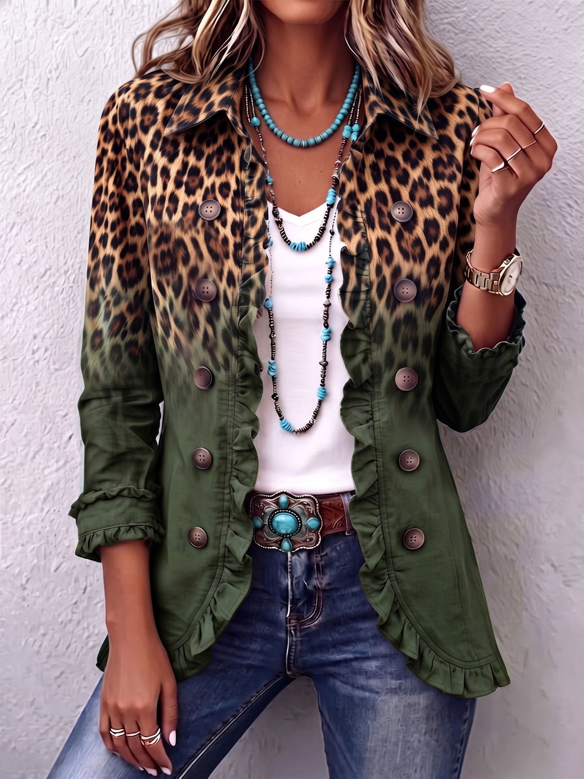 Ramona | Green Leopard Print Ruffled Blazer Jacket