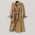 Trench largo kaki con cinturón y doble botonadura para mujer