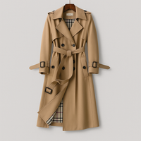 Trench largo kaki con cinturón y doble botonadura para mujer