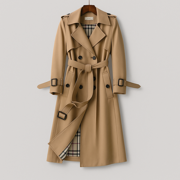 Trench largo kaki con cinturón y doble botonadura para mujer
